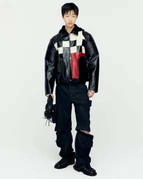 CHECKERBOARD PATCHWORK LEATHER BIKER JACKET awa632m(BLACK)