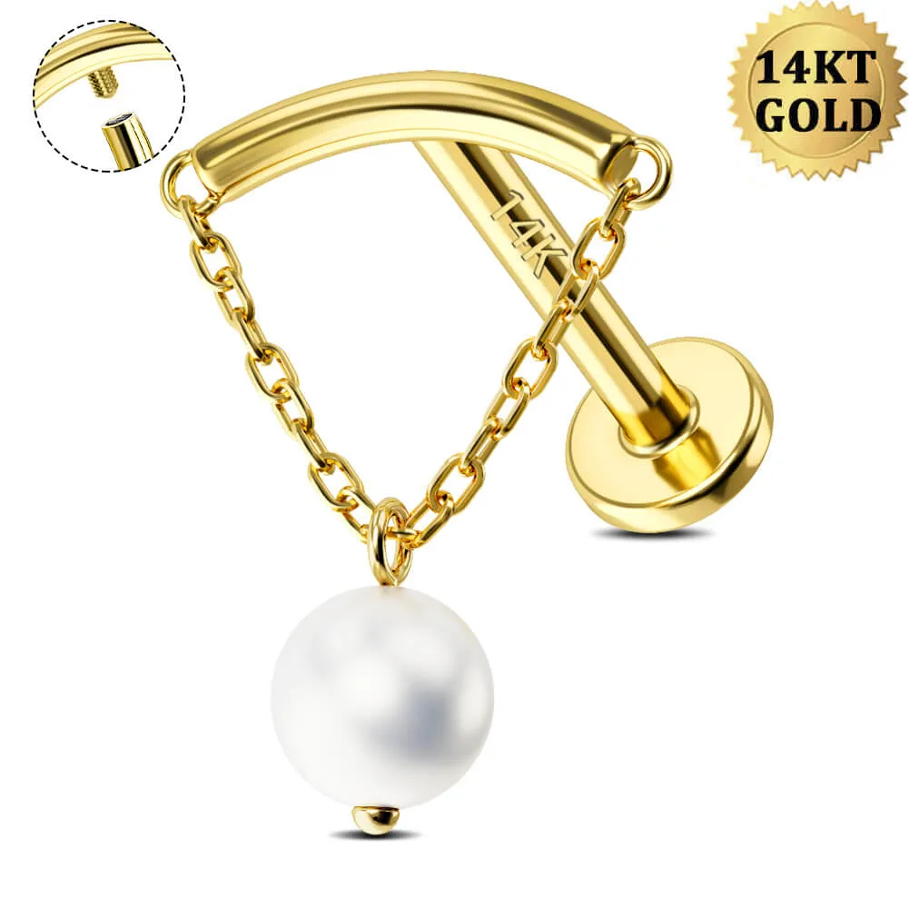 14K Solid Gold Chain Style Pearl Dangle Internally Threaded Helix Earring