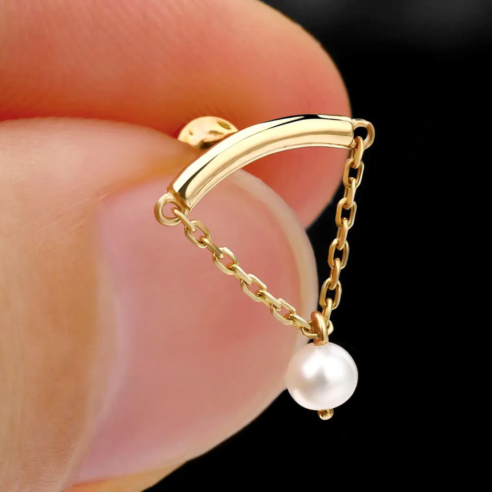 14K Solid Gold Chain Style Pearl Dangle Internally Threaded Helix Earring