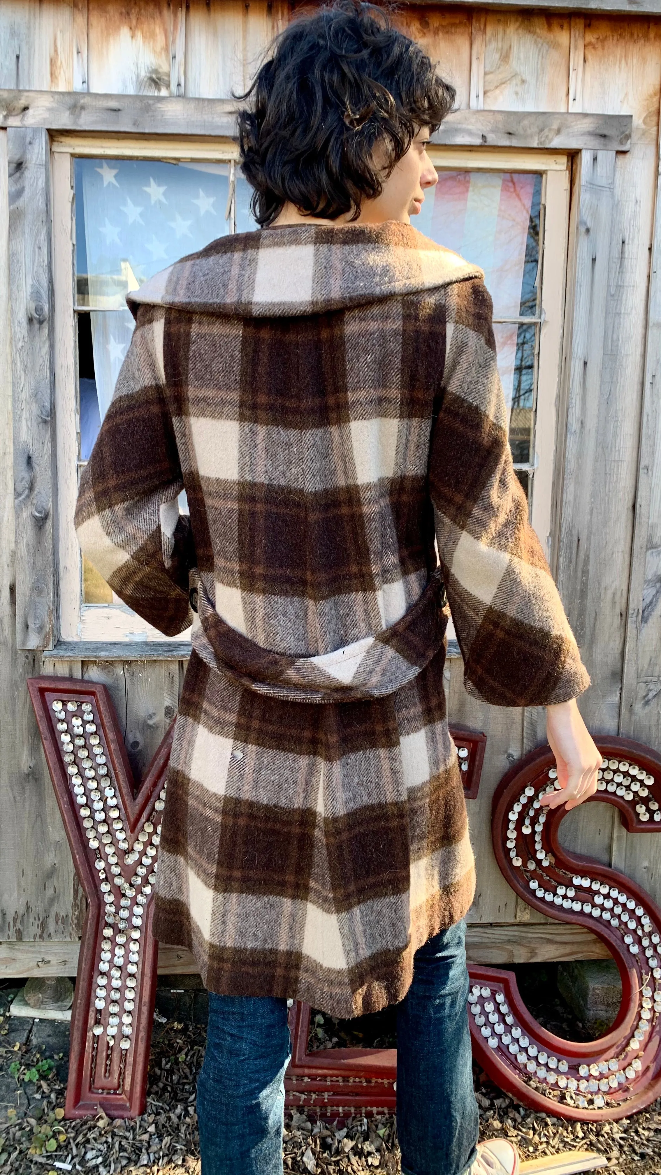 1960s Brown Plaid Wool Coat (S)