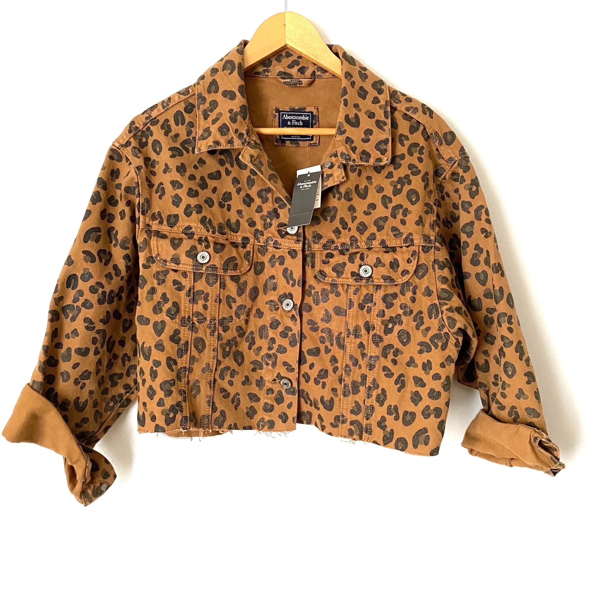 Abercrombie & Fitch Cropped Brown Leopard Print Denim Jacket NWT- Size XS