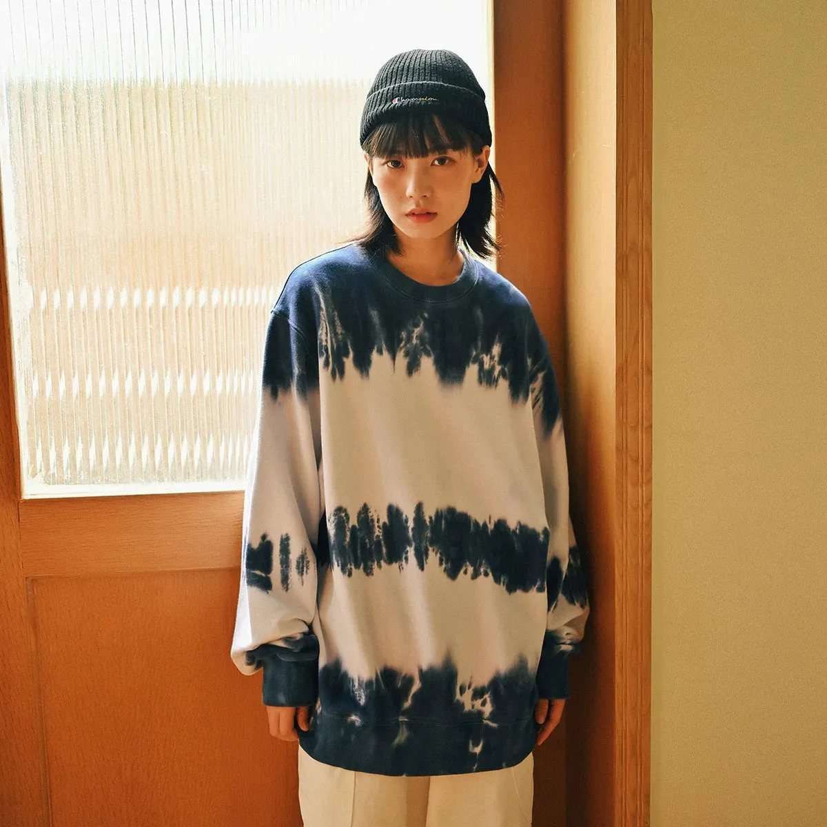 Aidase Japan fashion Retro Blue and White Tie-dye Loose round Neck Hoodie Male Student Couple Pure Cotton Pullover