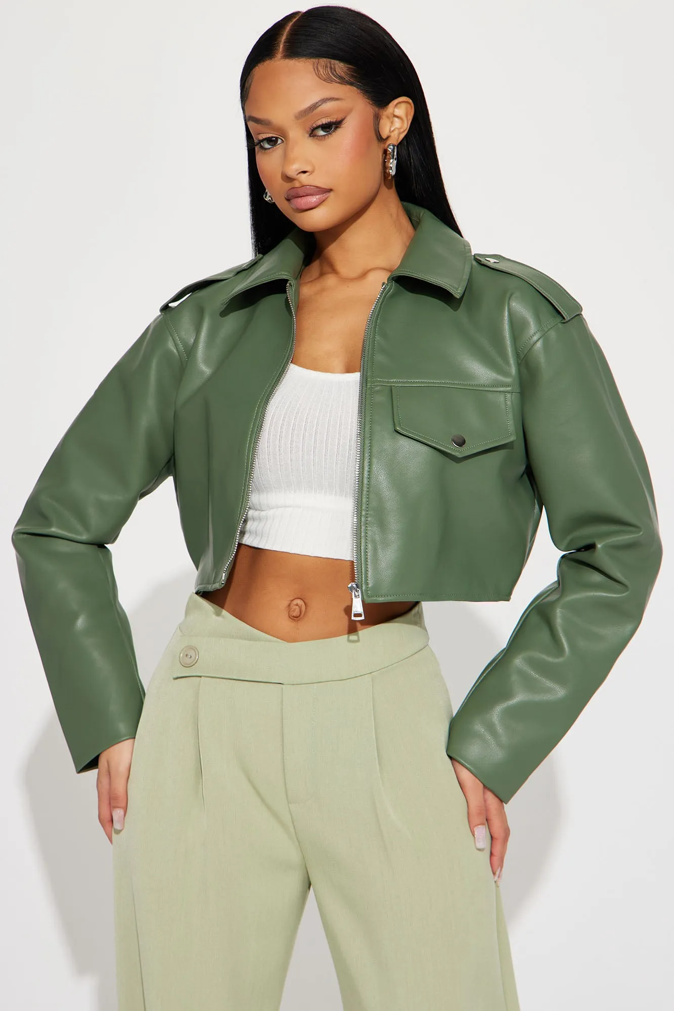 Alexis Cropped Moto Jacket - Sage