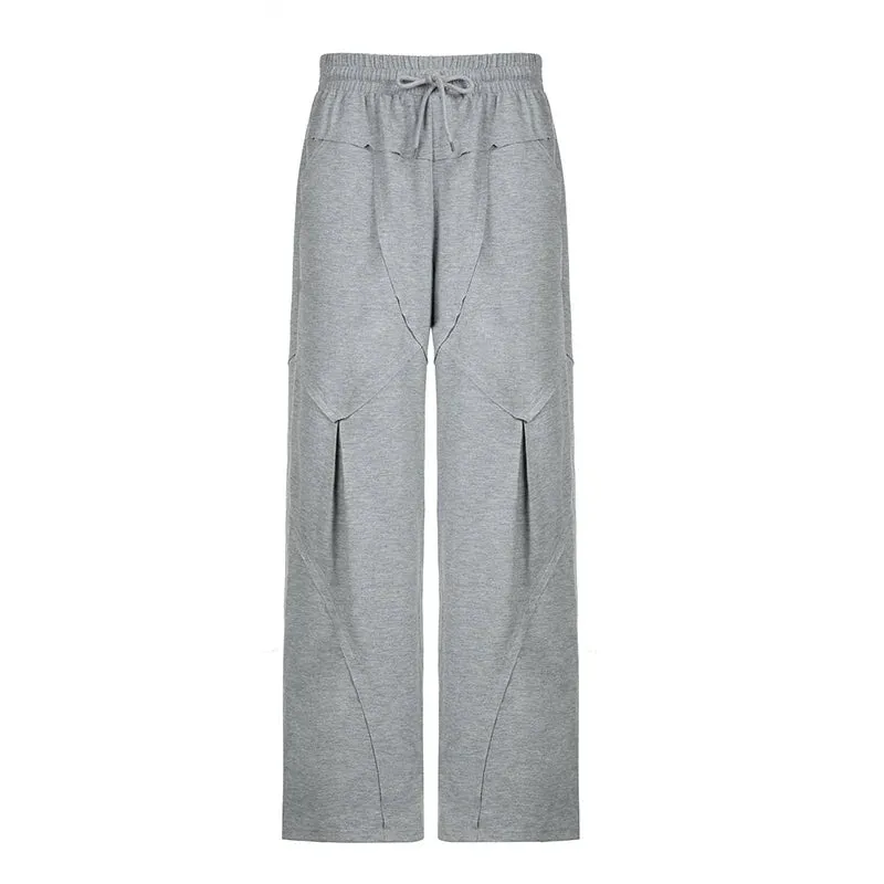 Amozae Stylish Chic Split Patchwork Women Baggy Pants Harajuku Korean Style Gray Loose Wide Leg Trousers Street Joggers