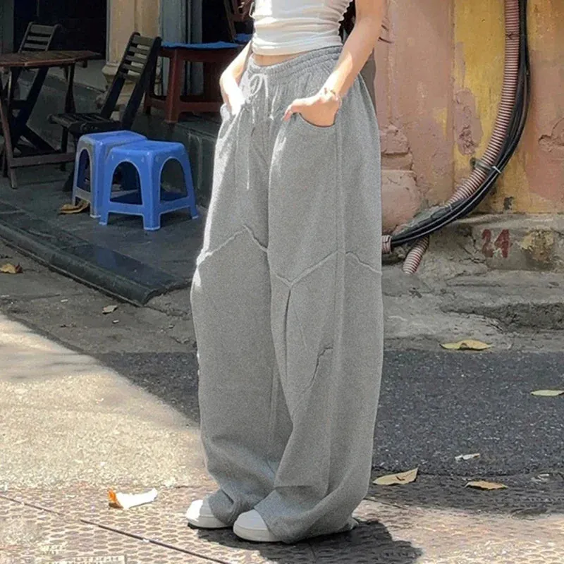 Amozae Stylish Chic Split Patchwork Women Baggy Pants Harajuku Korean Style Gray Loose Wide Leg Trousers Street Joggers