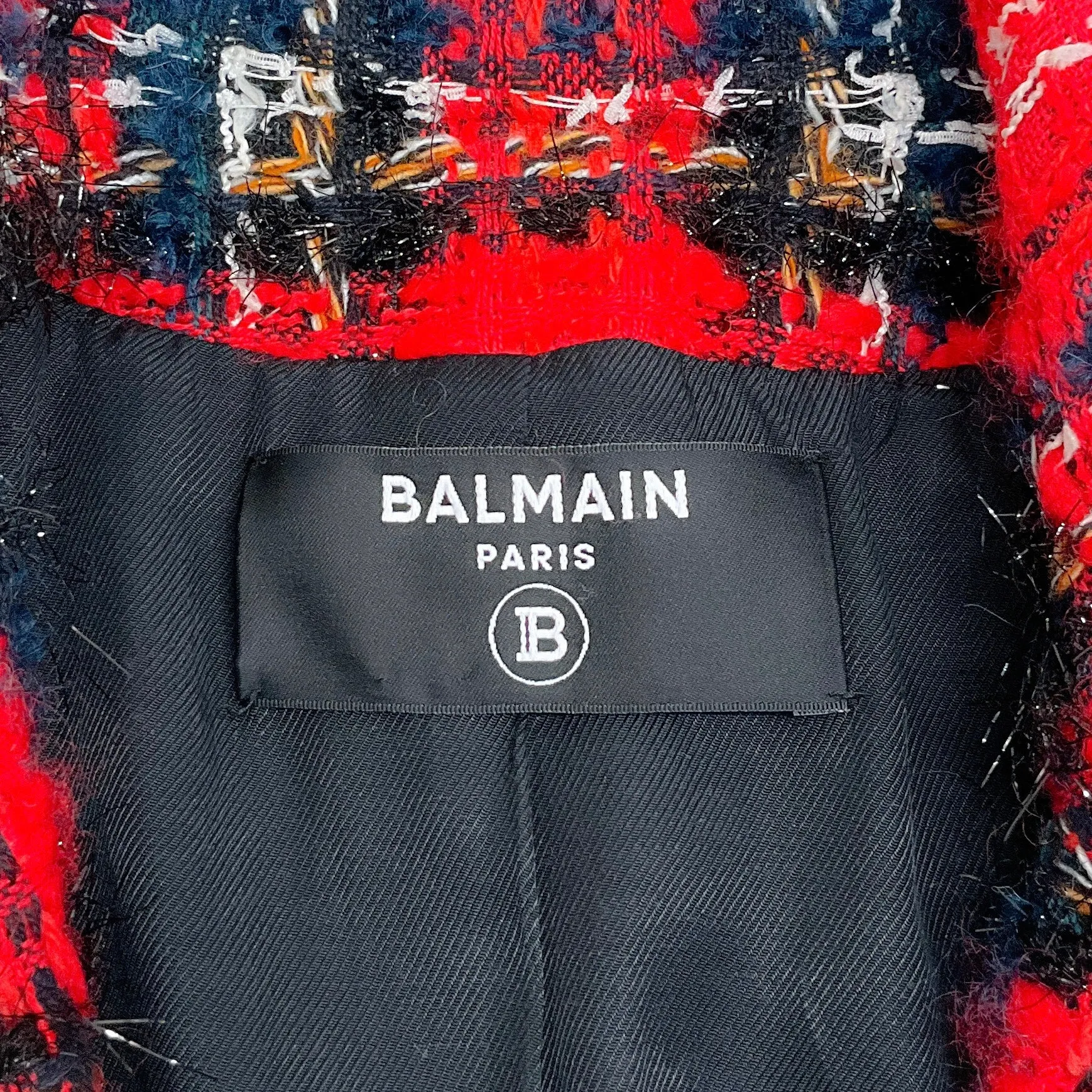 Balmain Red Tartan Tweed Double Breasted Blazer with Crest