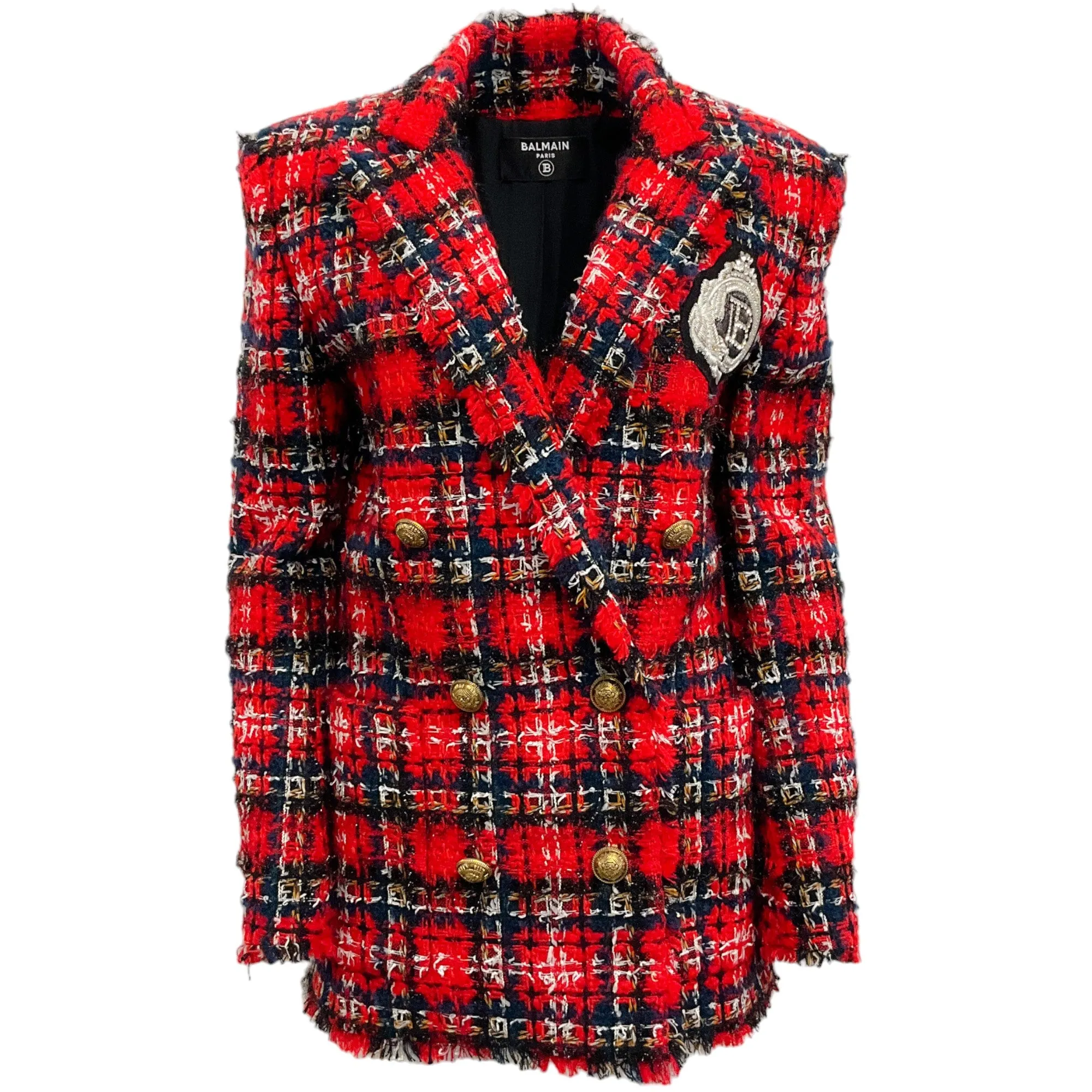 Balmain Red Tartan Tweed Double Breasted Blazer with Crest