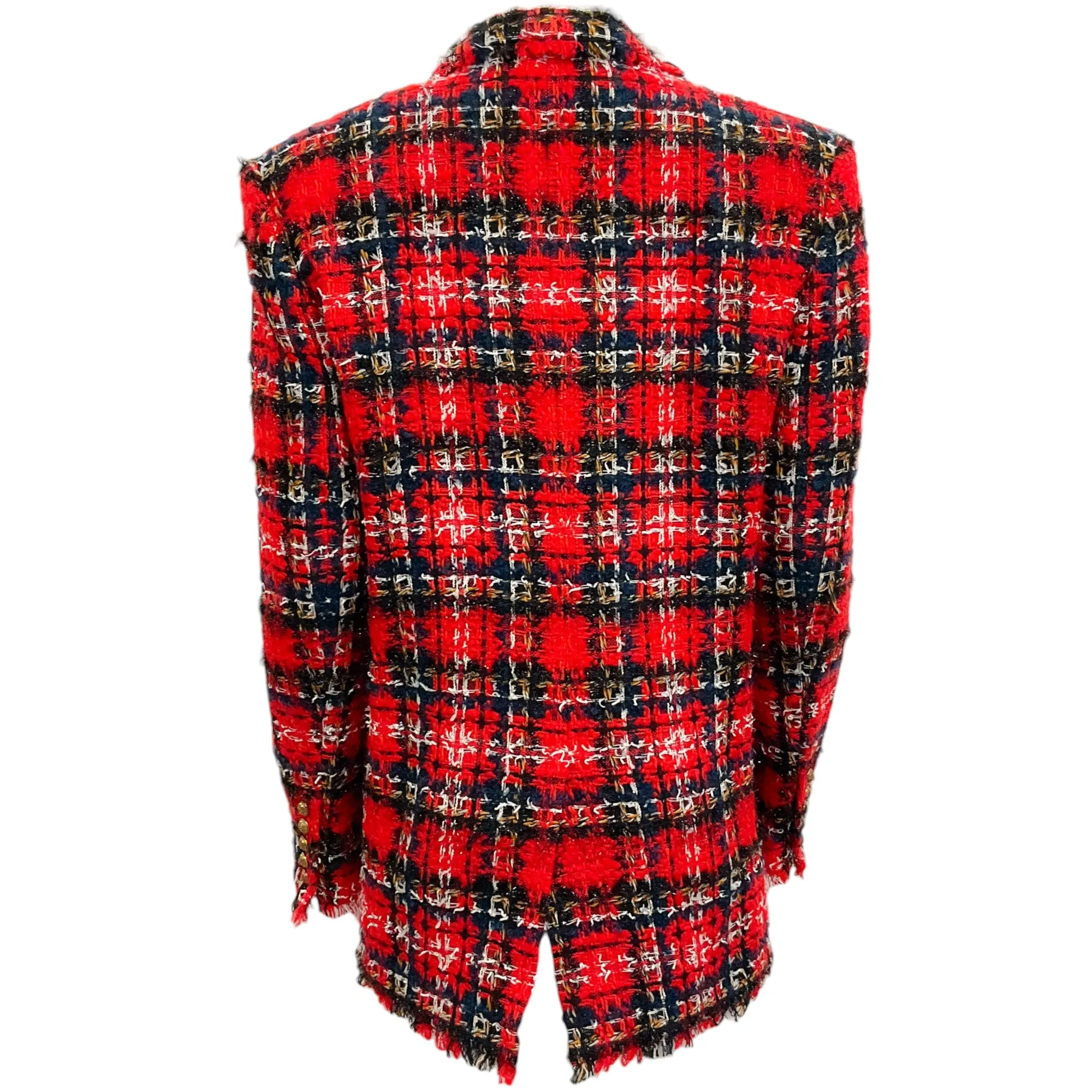 Balmain Red Tartan Tweed Double Breasted Blazer with Crest