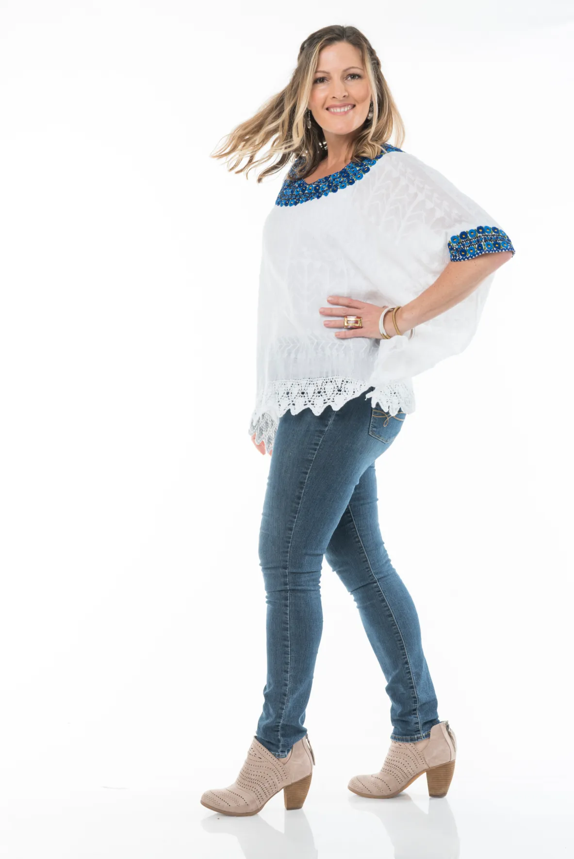 Beatriz Embroidered Guatemalan Top - White, Blue, & Black