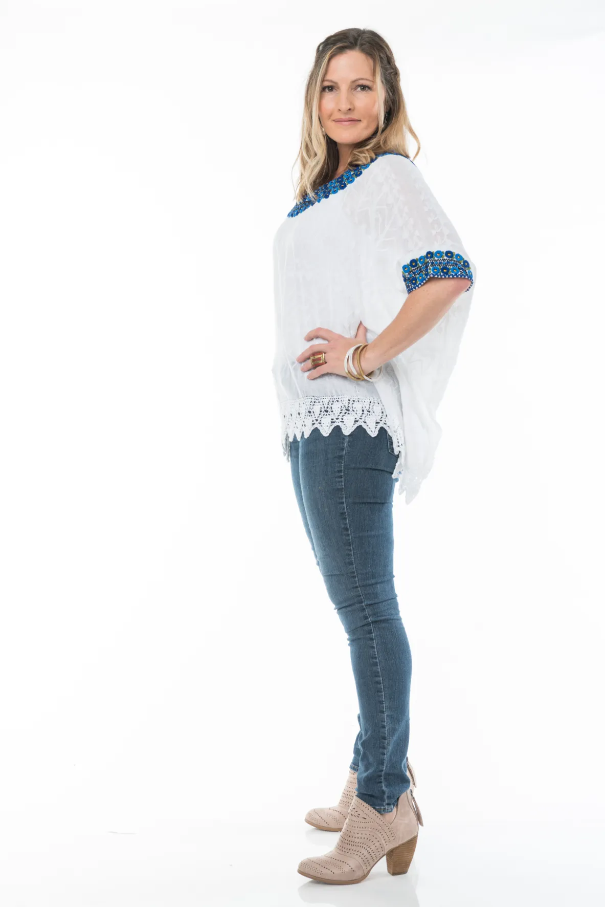 Beatriz Embroidered Guatemalan Top - White, Blue, & Black