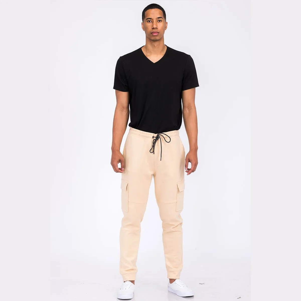 Beige Cotton Blend Cargo Joggers