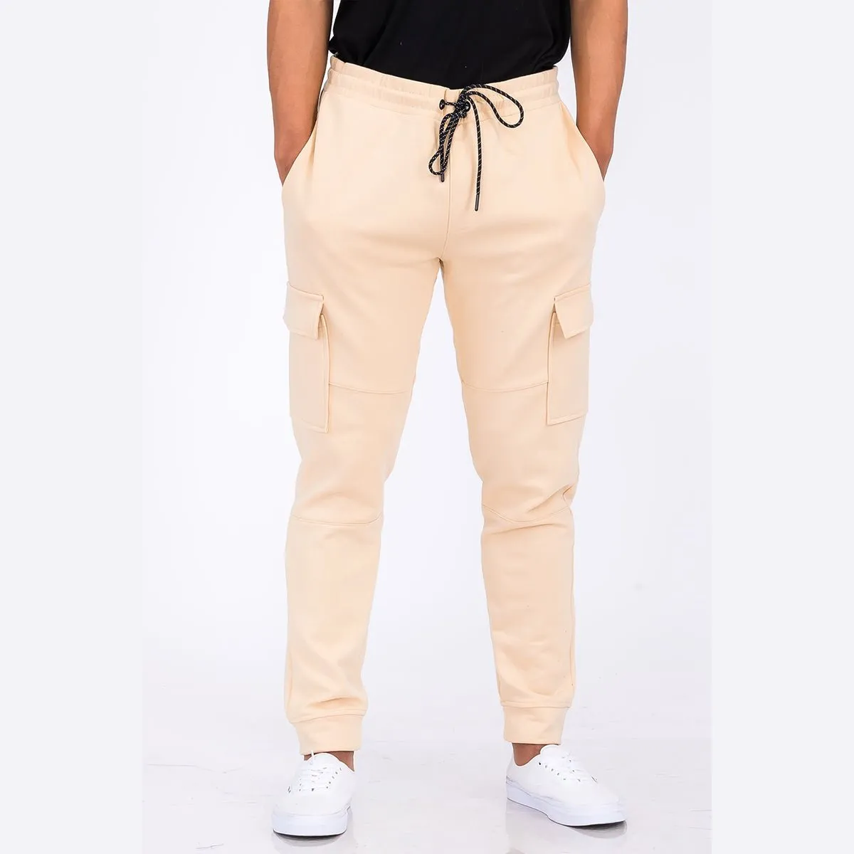 Beige Cotton Blend Cargo Joggers