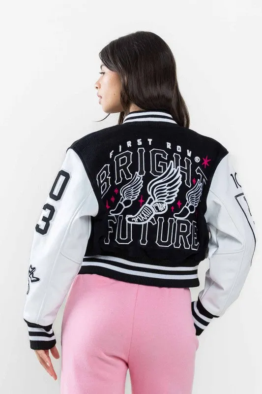 Black Bright Future Cropped Varsity Jacket