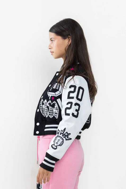 Black Bright Future Cropped Varsity Jacket