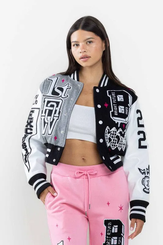 Black Bright Future Cropped Varsity Jacket