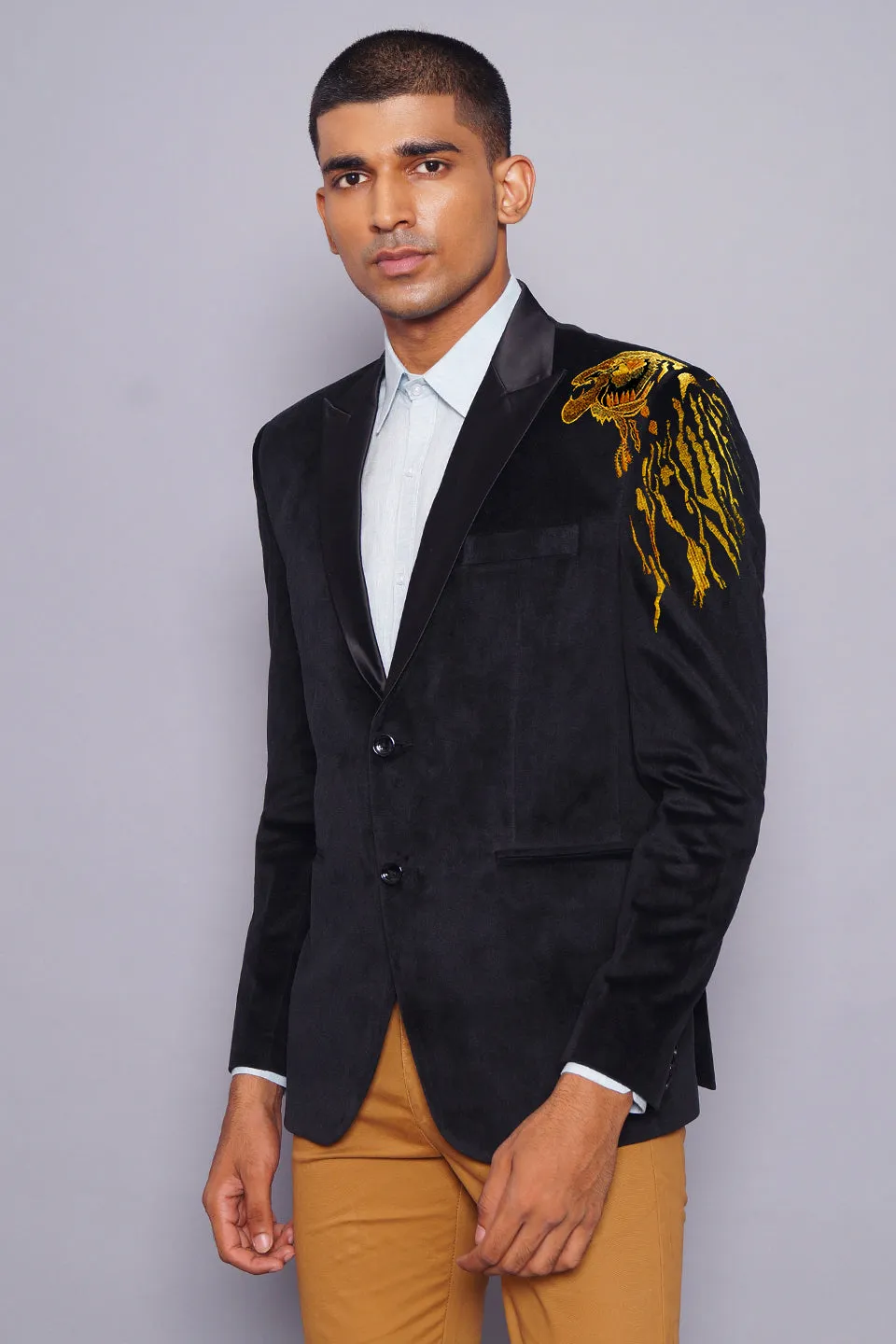 Black Velvet Tuxedo Blazer with Gold Embroidery