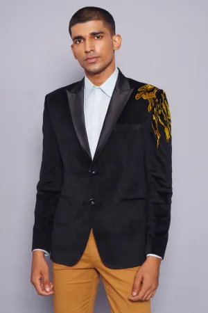 Black Velvet Tuxedo Blazer with Gold Embroidery