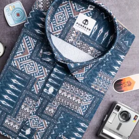 Blue Color Popcorn Moroccan Printed Shirt For Men