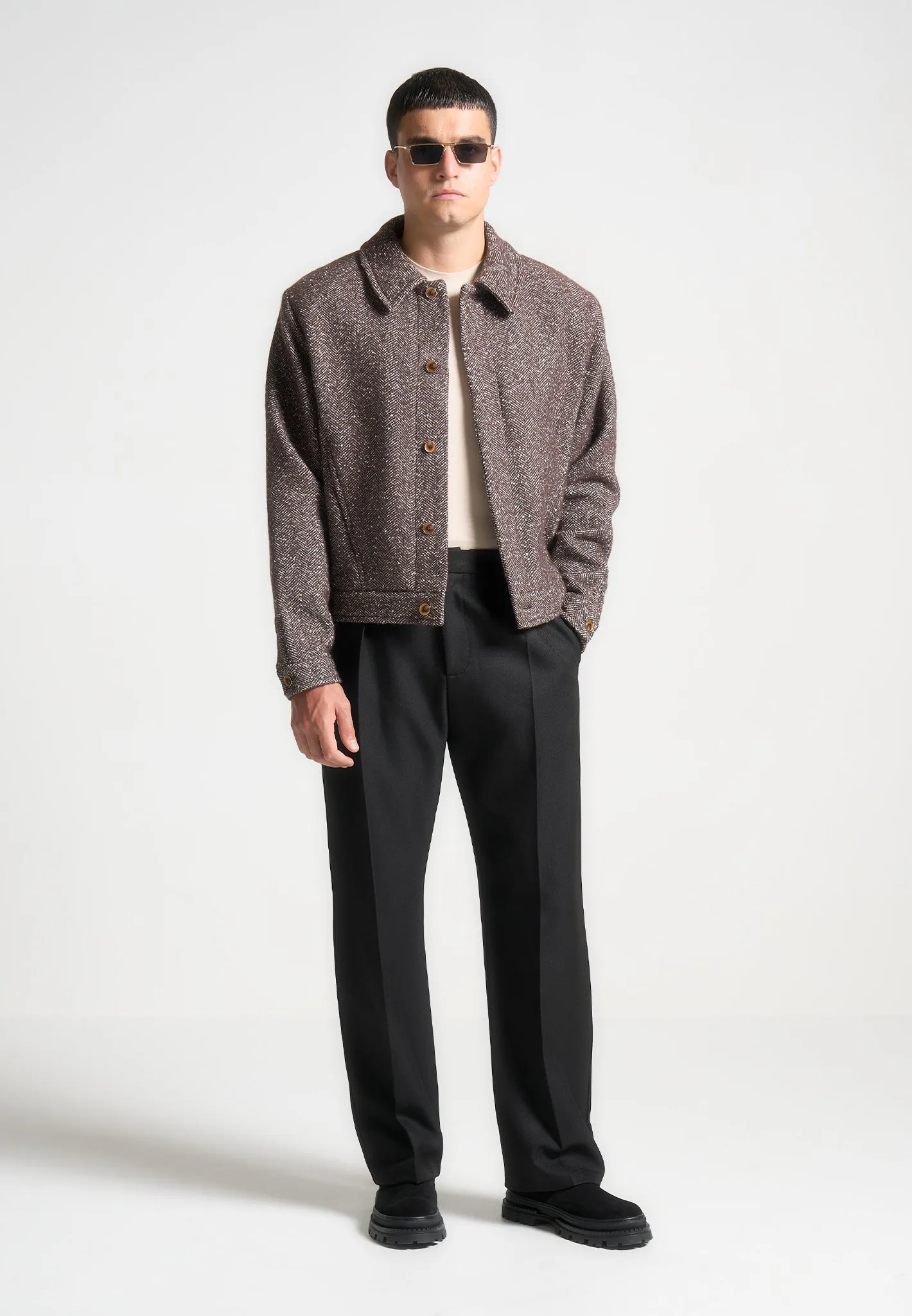 Boxy Herringbone Wool Blend Jacket - Brown