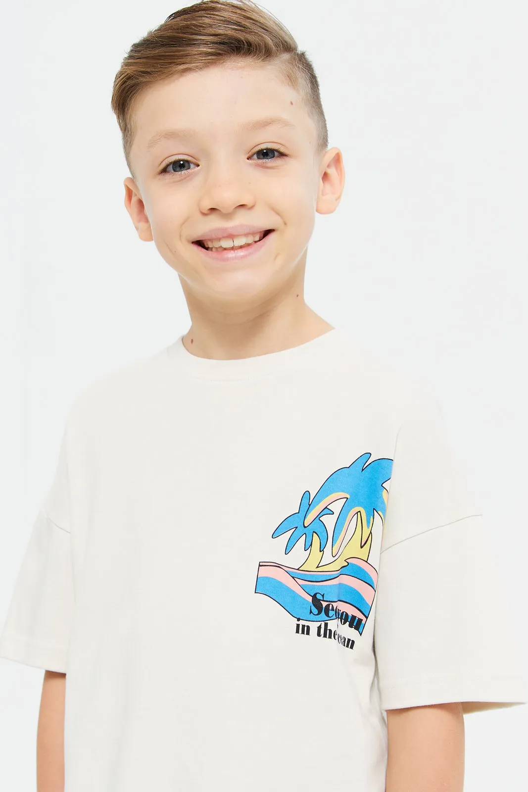 Boys White Front And Back Print Oversize T-Shirt