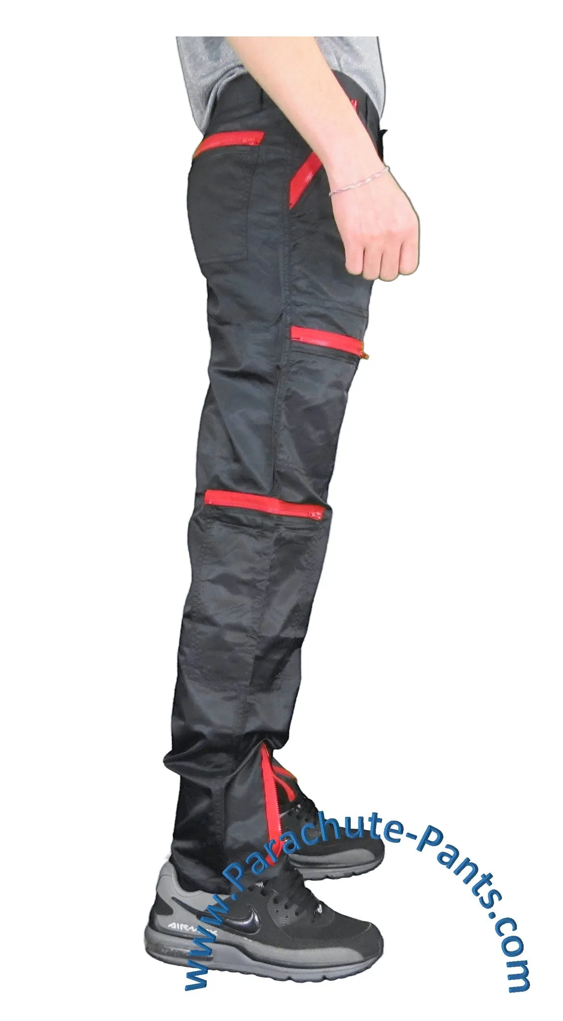 BreakIN Black Nylon Costume Parachute Pants with Red Zippers