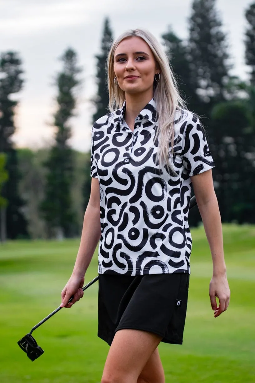 CA Ladies Funky Golf Shirt | Black & White Squiggles