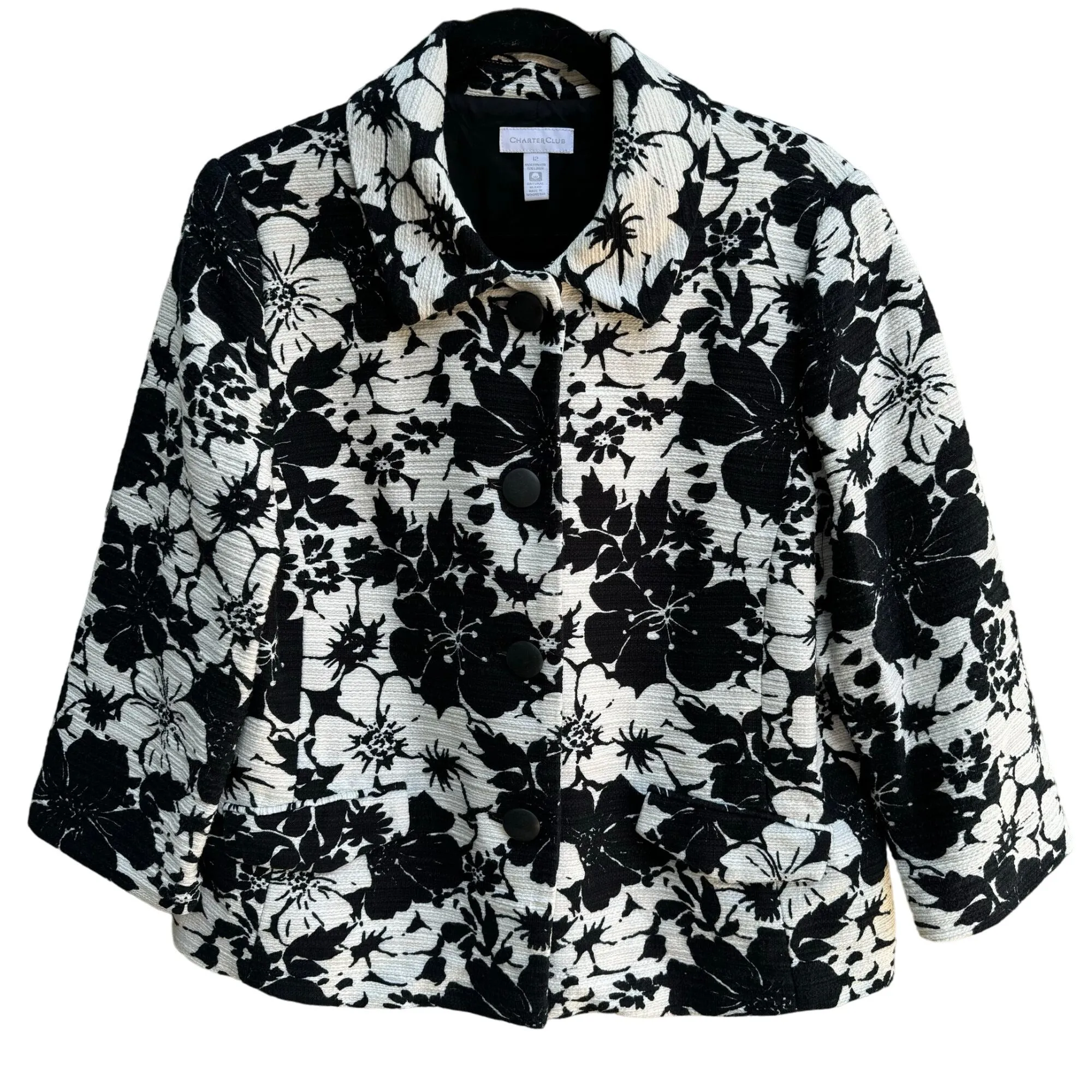 Charter Club Womens Black White Floral Jacquard 3/4 Sleeve Four Button Blazer