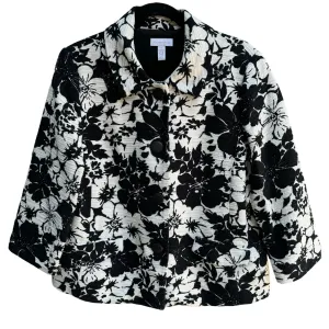 Charter Club Womens Black White Floral Jacquard 3/4 Sleeve Four Button Blazer