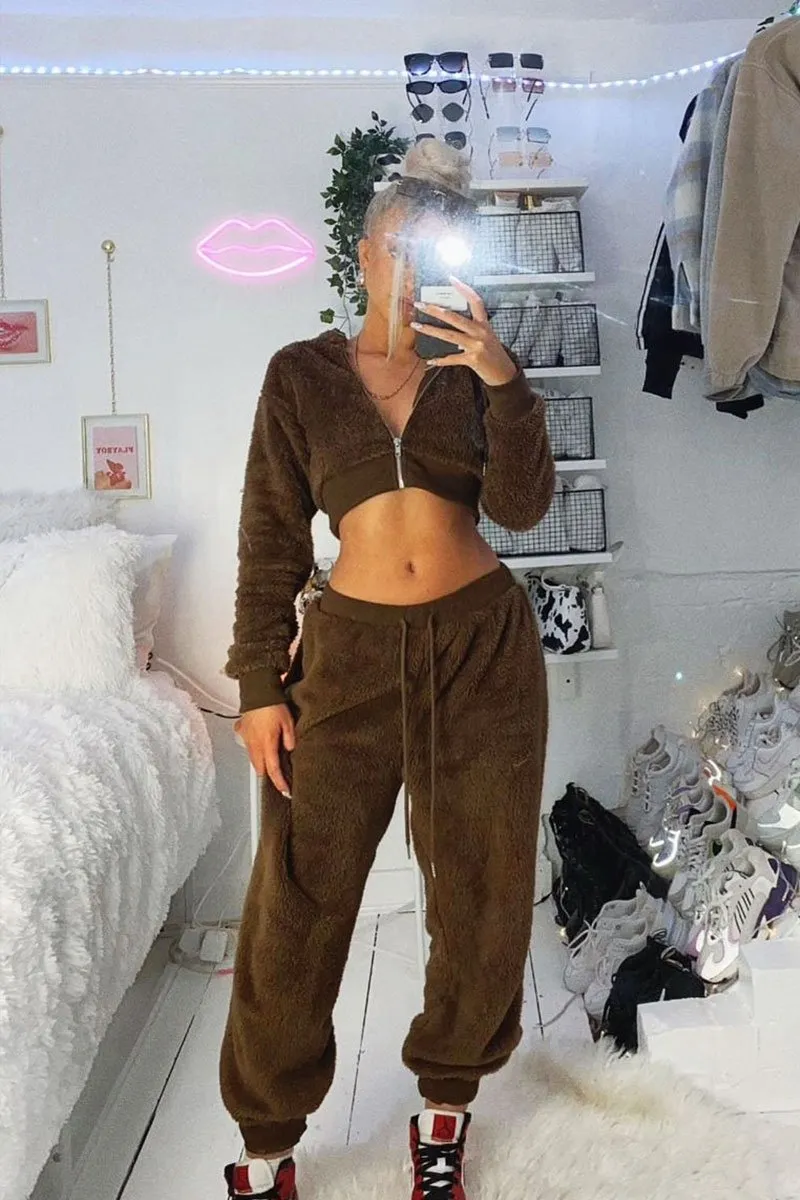 Chocolate Oversized Teddy Joggers - Havana