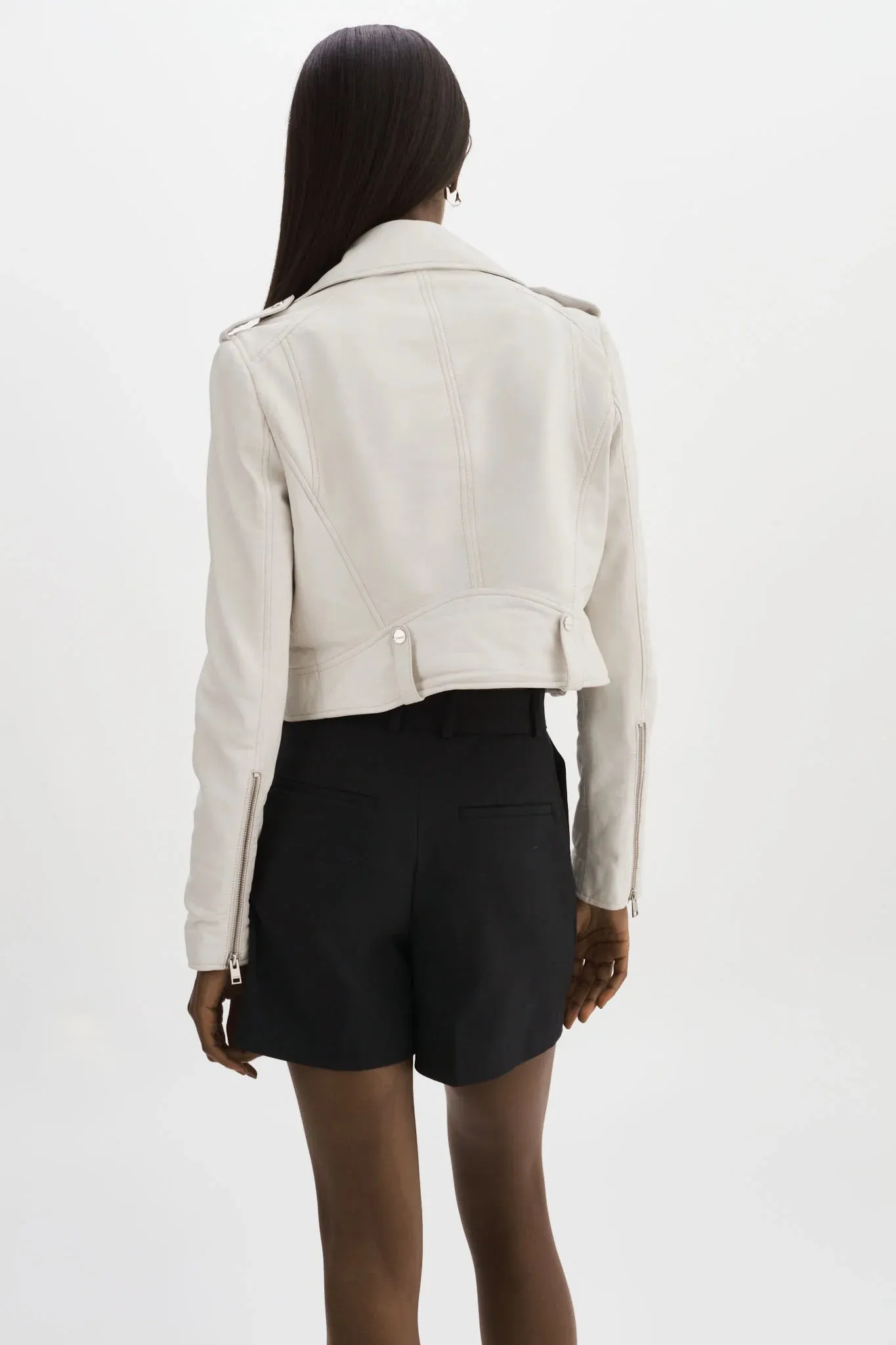 Ciara Leather Crop Moto Jacket - White