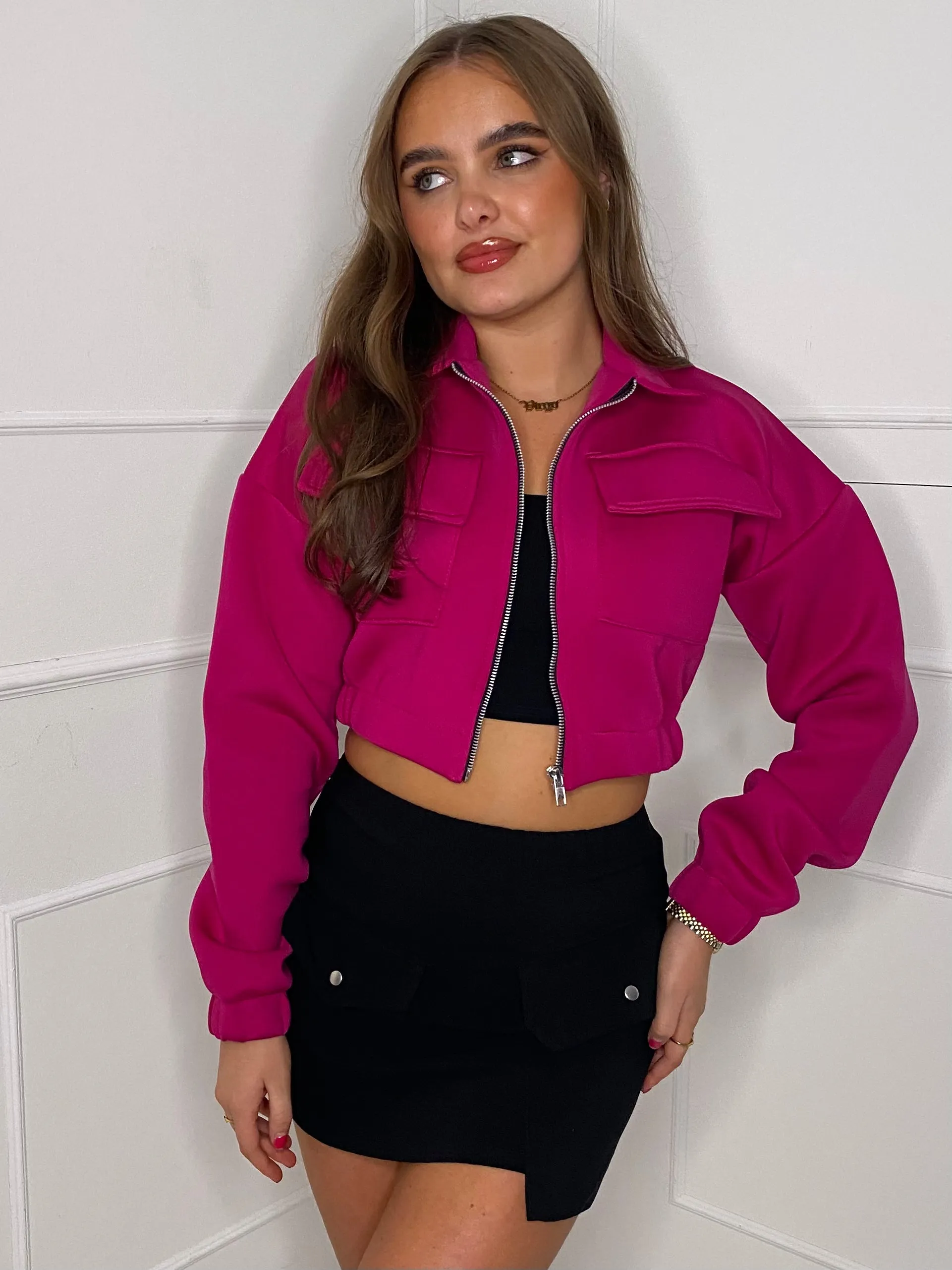 Collar Pocket Detail Cropped Jacket - Cerise Pink