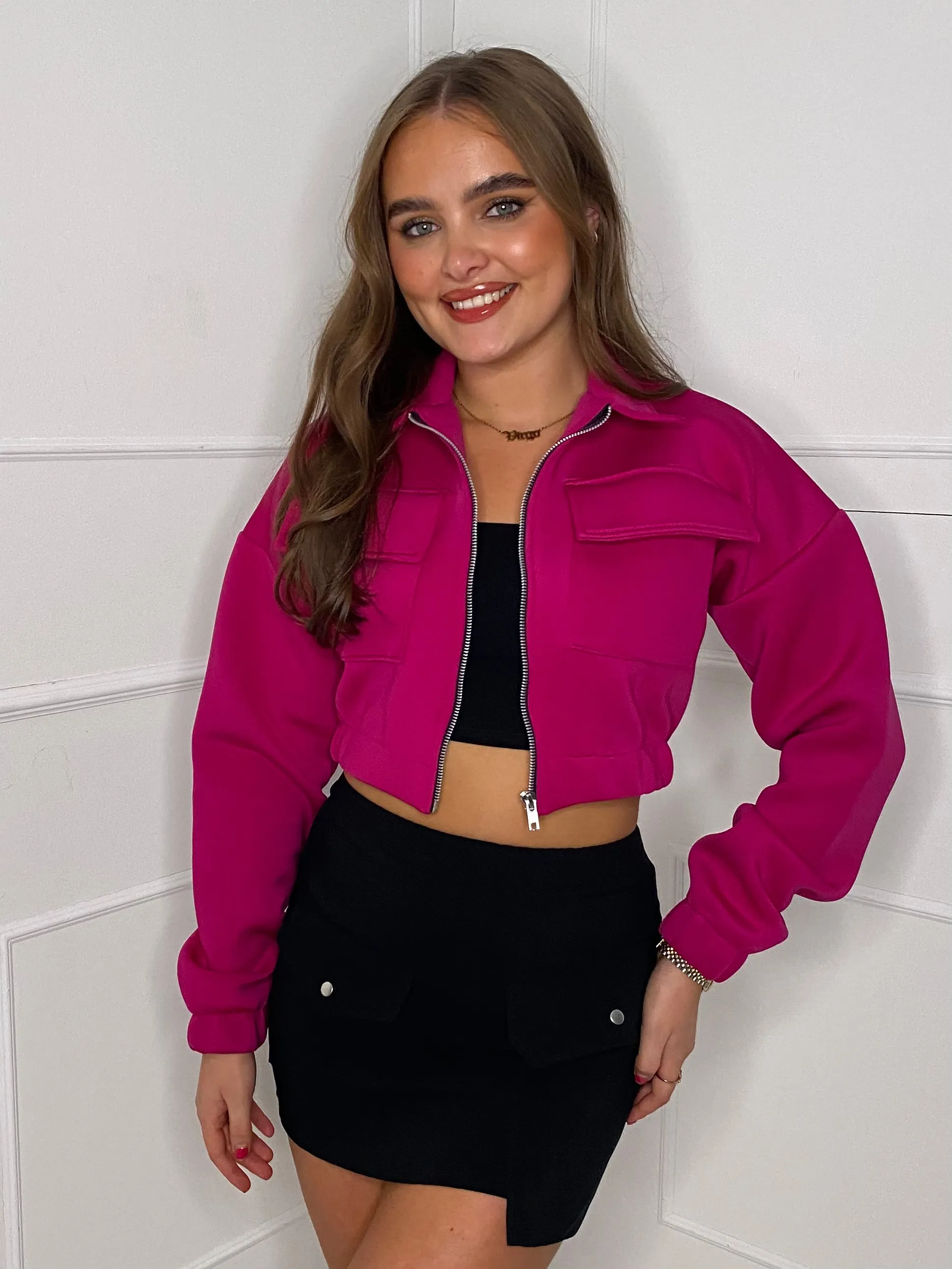 Collar Pocket Detail Cropped Jacket - Cerise Pink