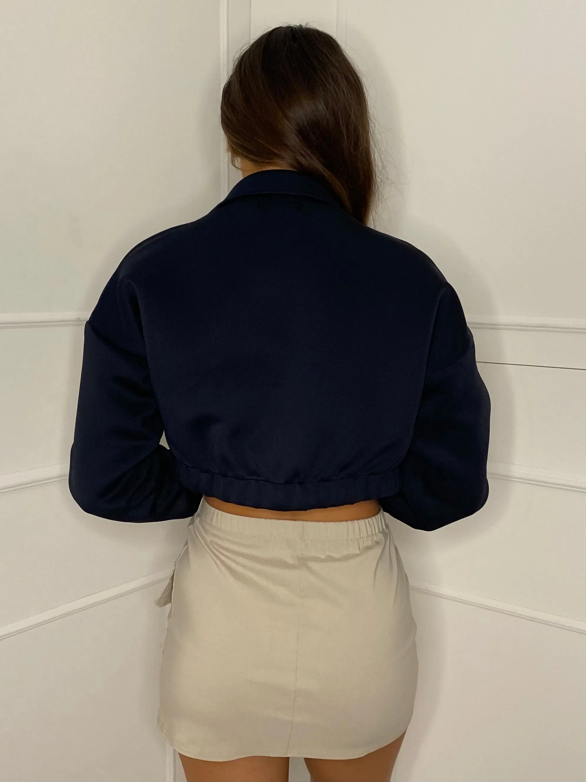 Collar Pocket Detail Cropped Jacket - Navy