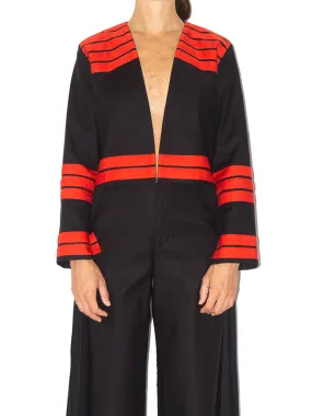 Collarless Ribbon Jacket, Black / Red