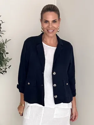 Danielle Linen Cropped Blazer - Navy