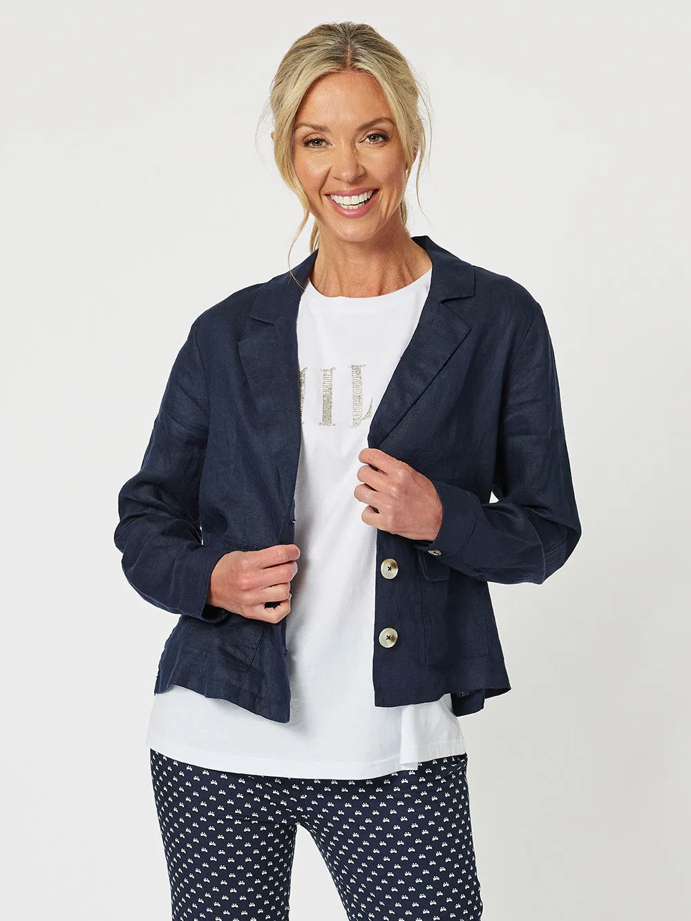 Danielle Linen Cropped Blazer - Navy