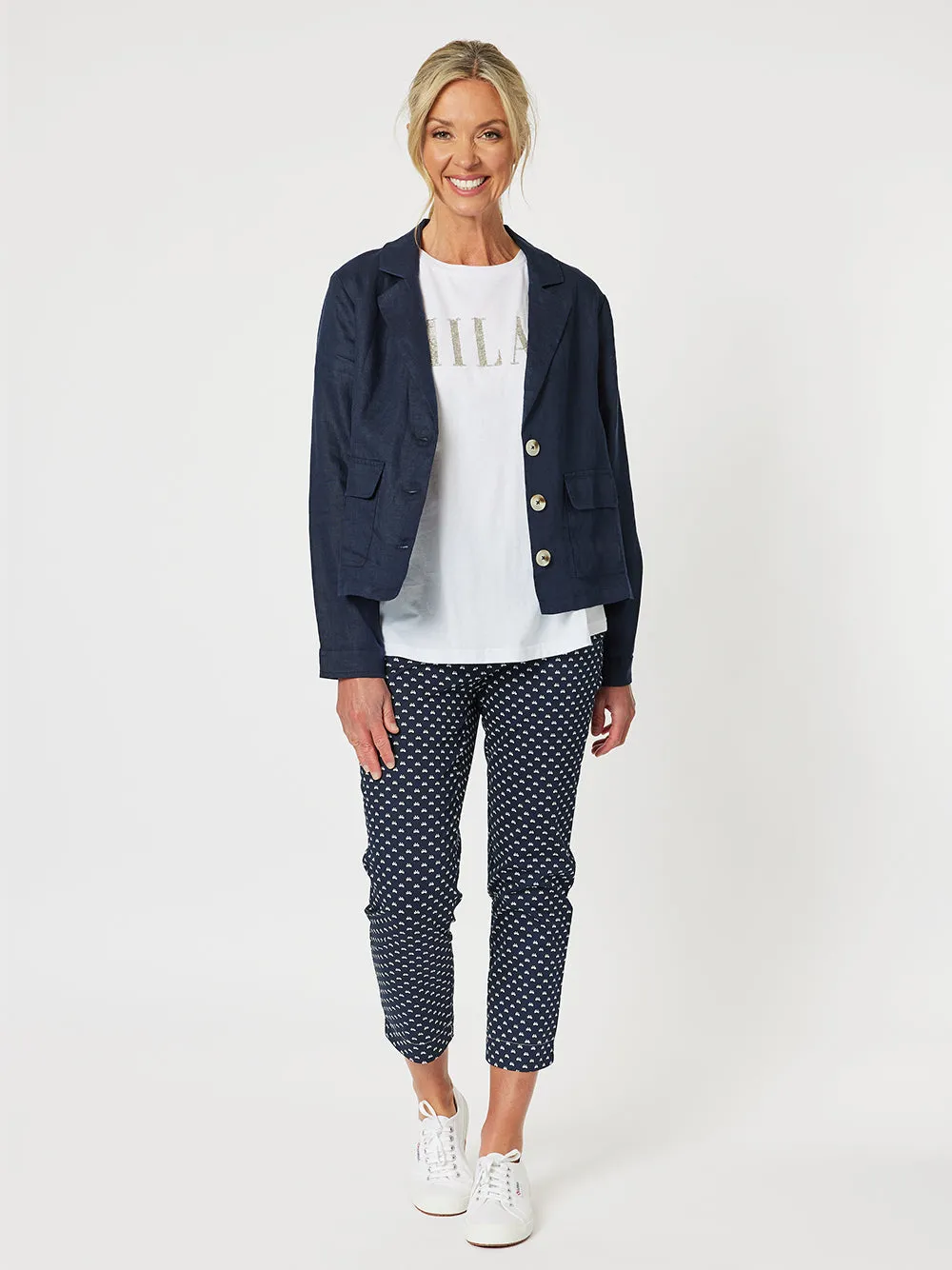 Danielle Linen Cropped Blazer - Navy