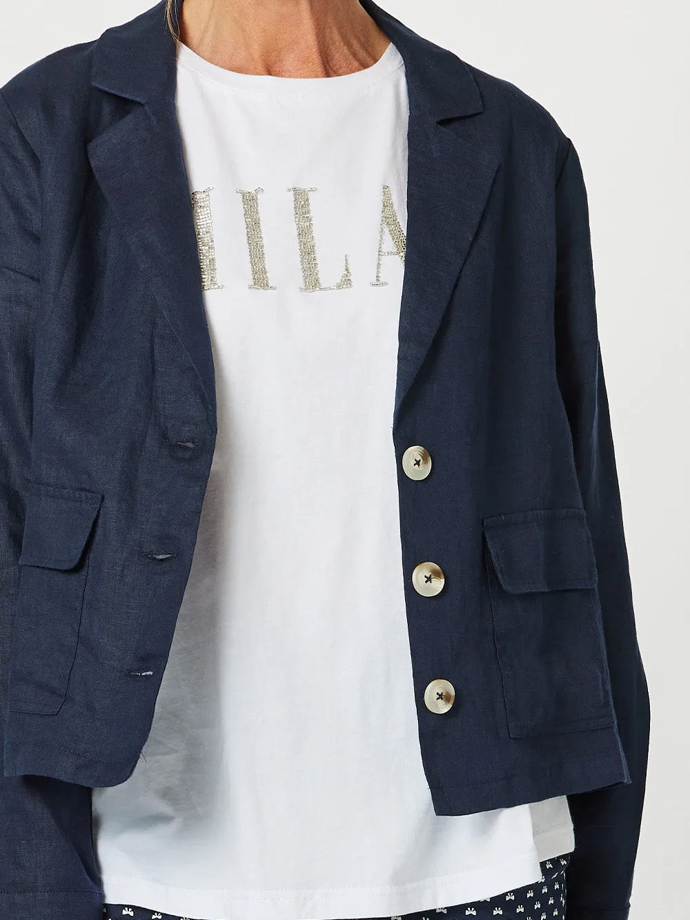 Danielle Linen Cropped Blazer - Navy