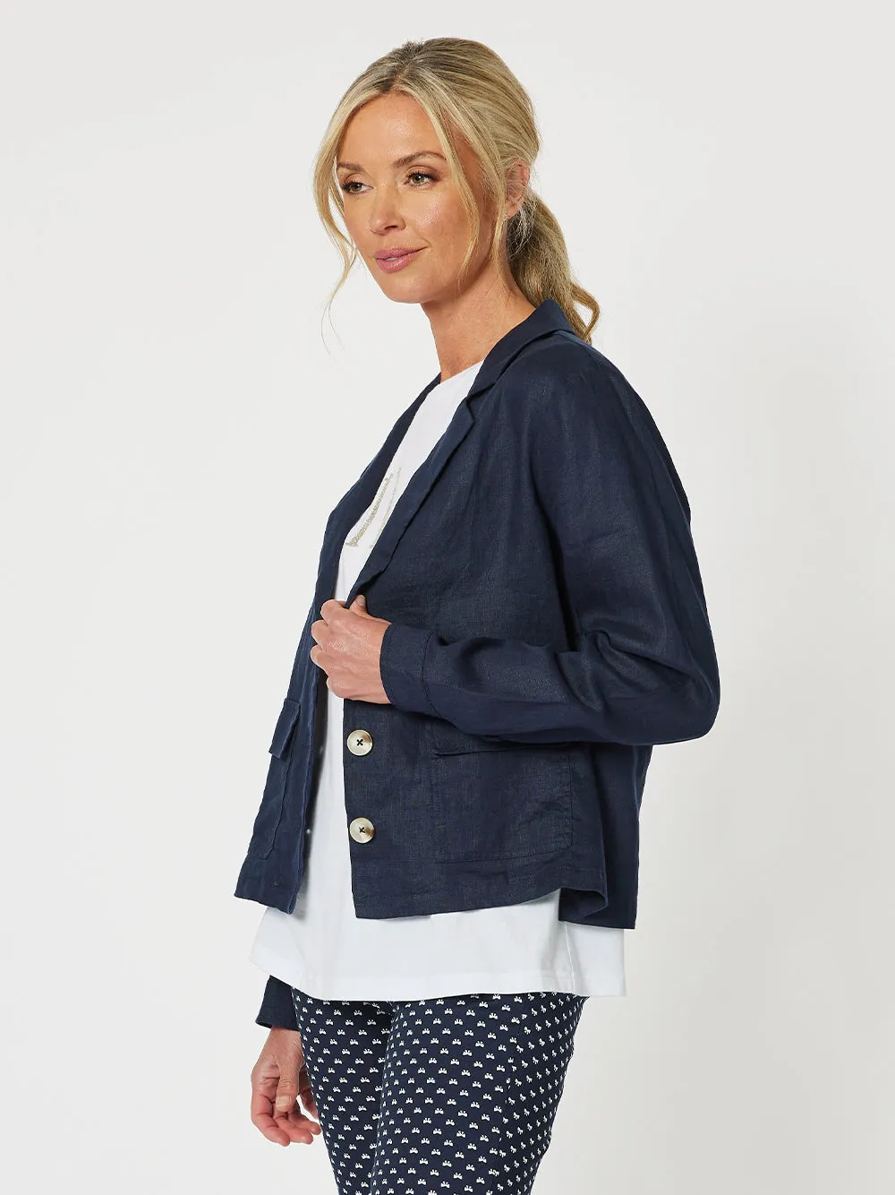 Danielle Linen Cropped Blazer - Navy