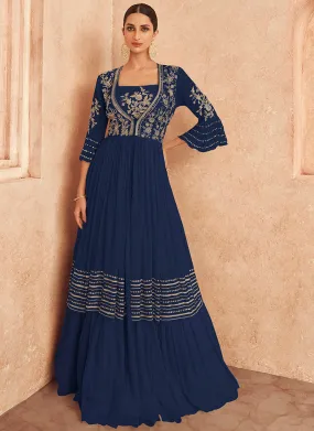 Dark Blue Embroidery Jacket Style Traditional Lehenga Choli