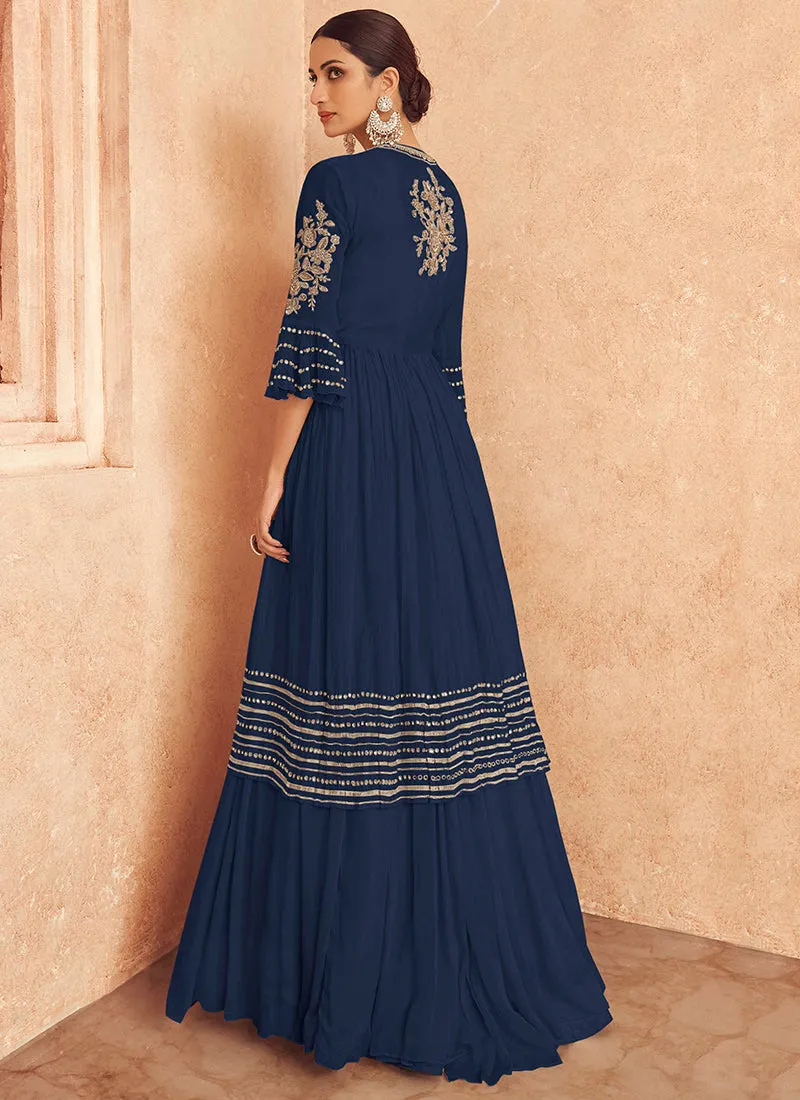 Dark Blue Embroidery Jacket Style Traditional Lehenga Choli