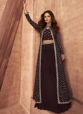 Dark Brown Sequence Embroidered Lehenga Choli And Jacket