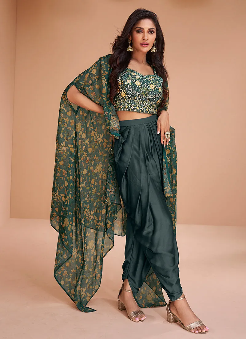 Dark Green Mirror Work Embroidered Cape Style Co-Ord Dhoti Set