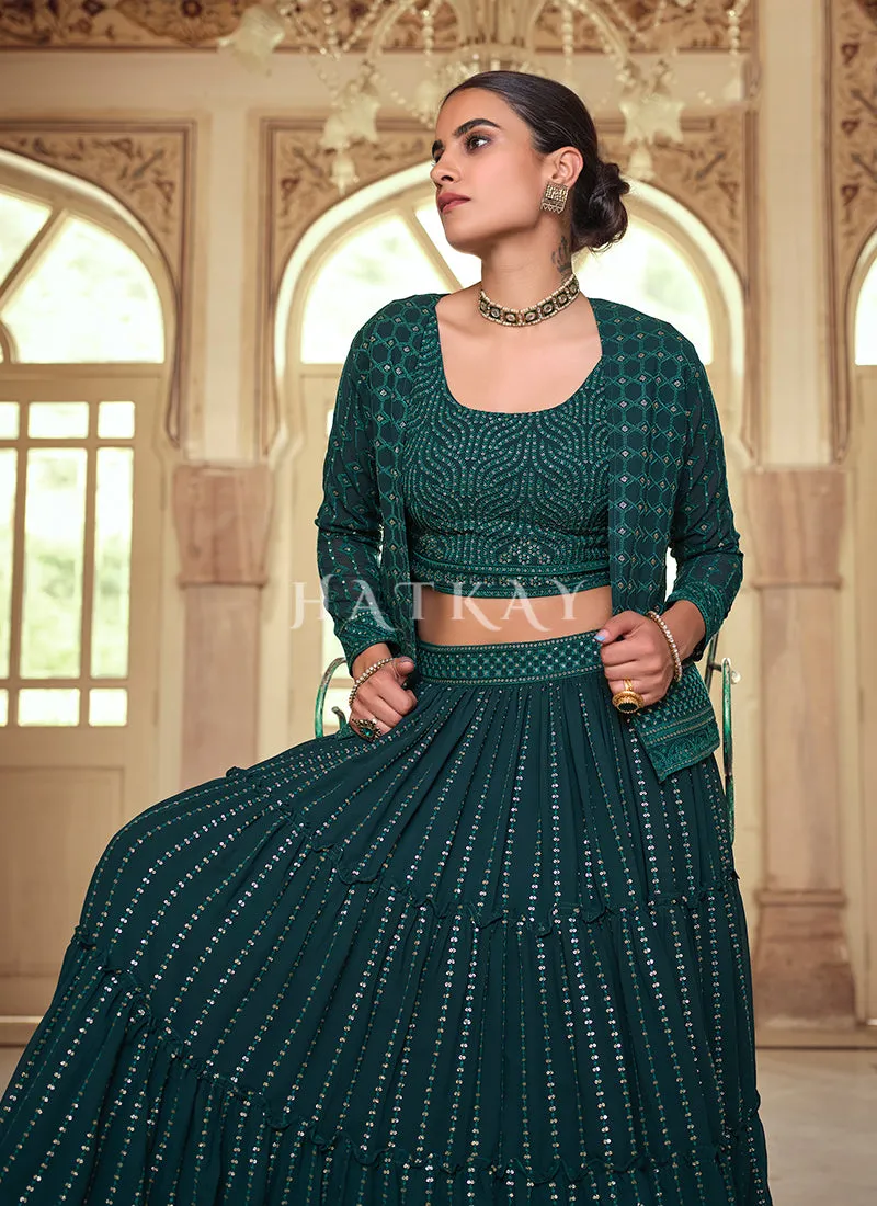 Dark Green Sequence Embroidered Jacket Style Lehenga Choli