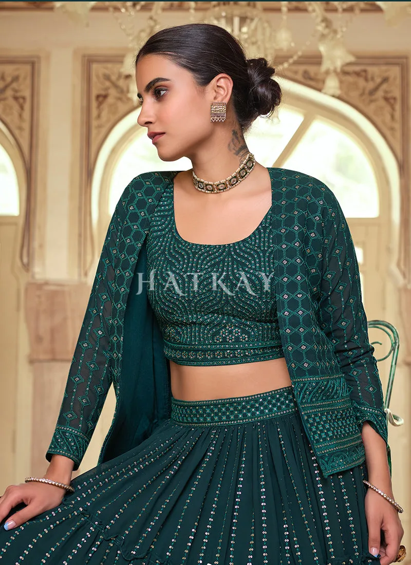 Dark Green Sequence Embroidered Jacket Style Lehenga Choli