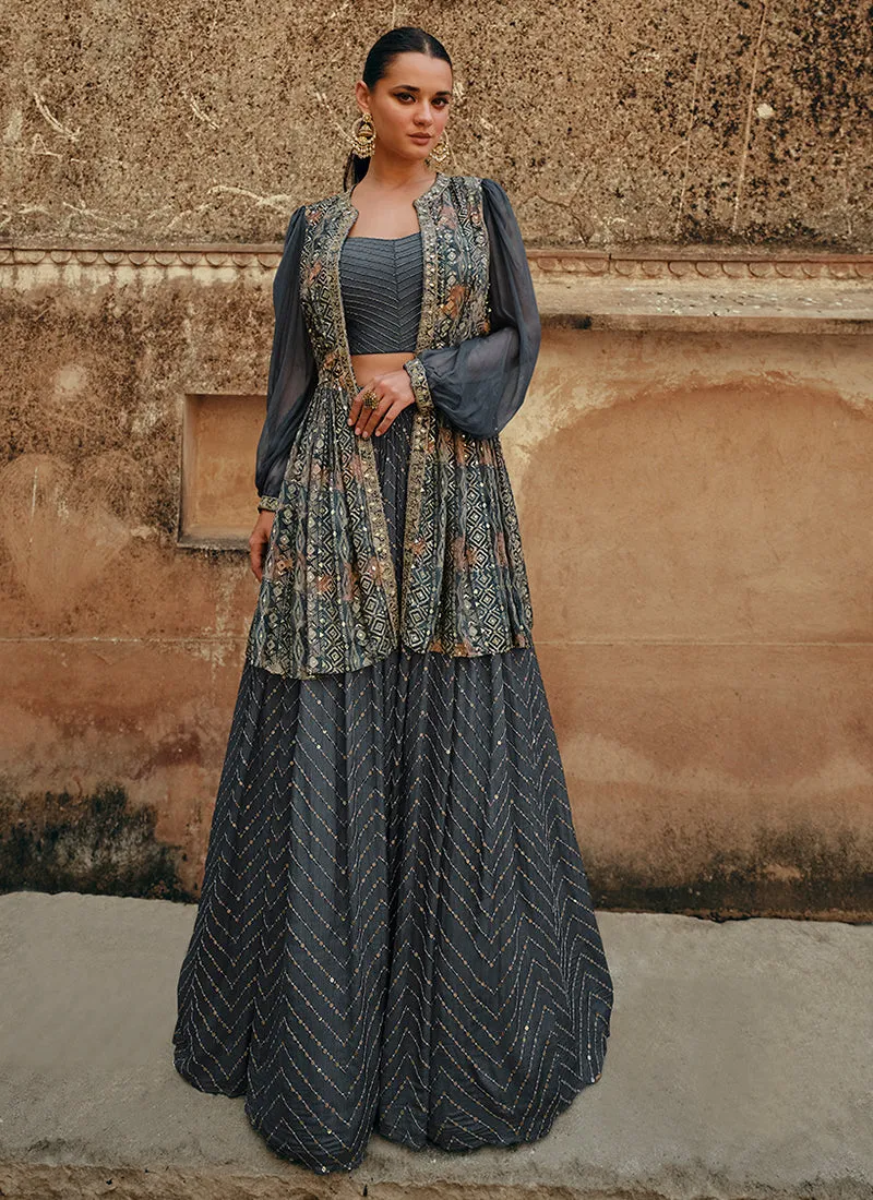 Deep Grey Jacket Style Lehenga