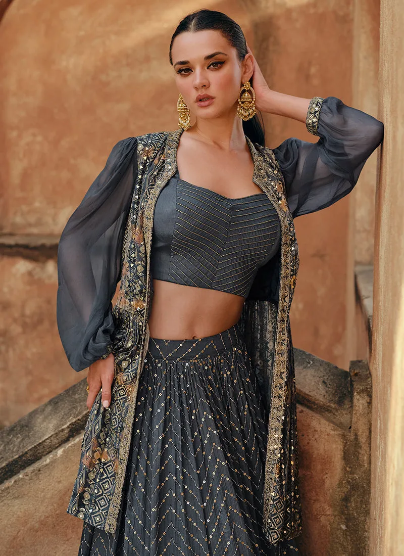 Deep Grey Jacket Style Lehenga