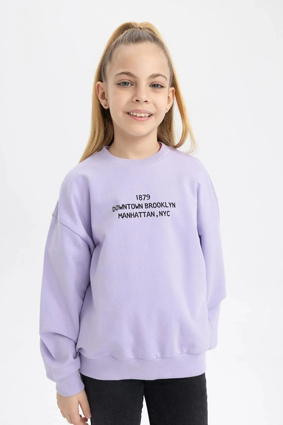 Defacto Girl's Purple Child Relax Fit Crew Neck Sweatshirt