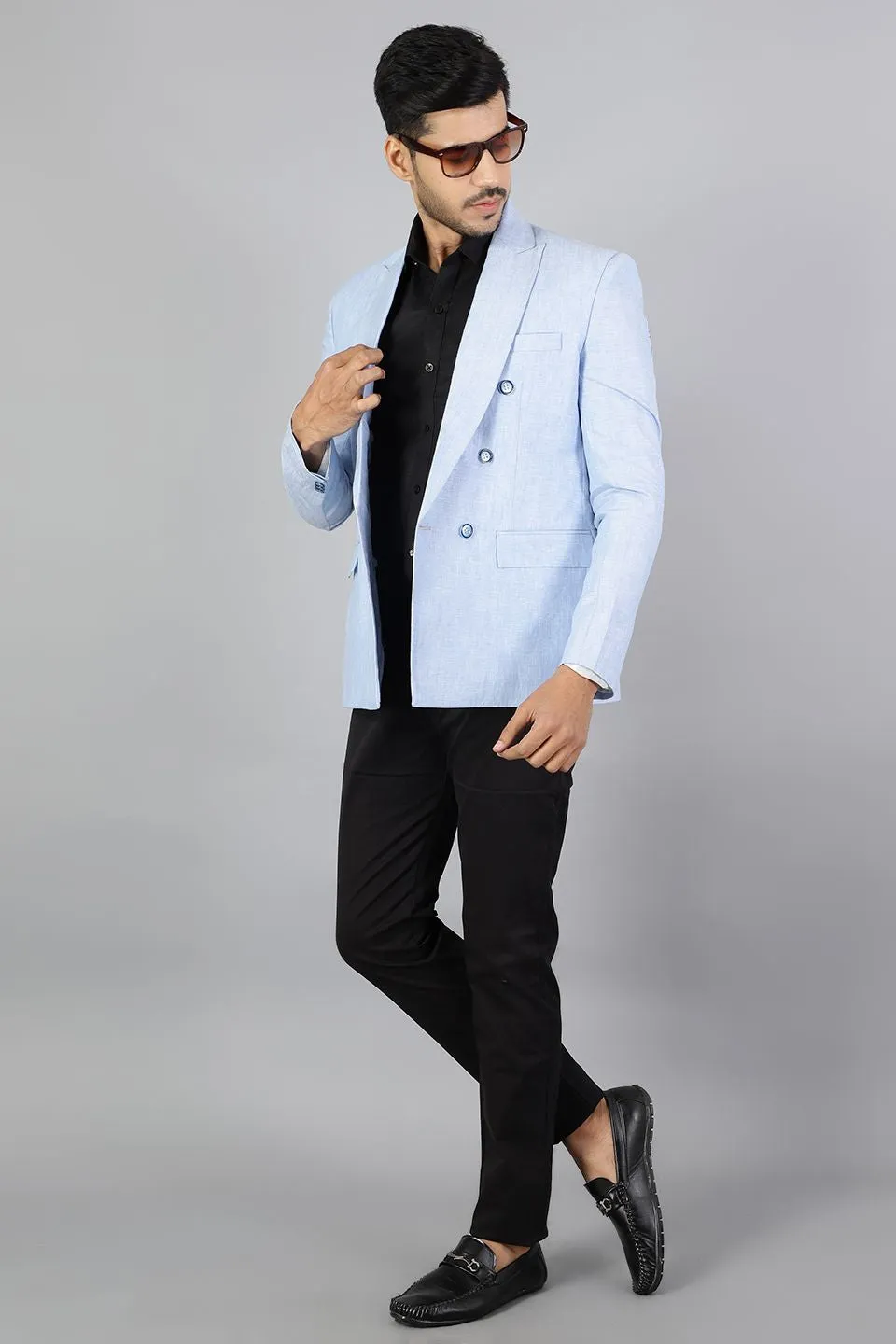 Double-Breasted Linen Sky Blue Blazer