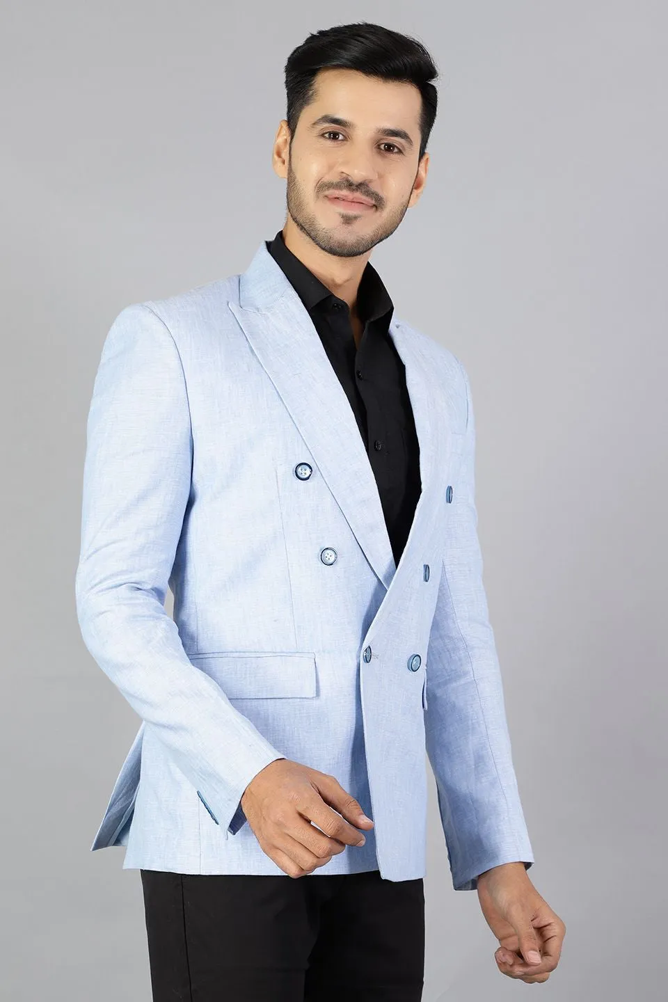 Double-Breasted Linen Sky Blue Blazer